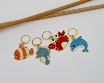 4 cute stitch markers sea creatures with ring or carabiner