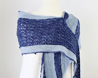 Hand-knitted asymmetrical triangular scarf with openwork pattern in shades of blue