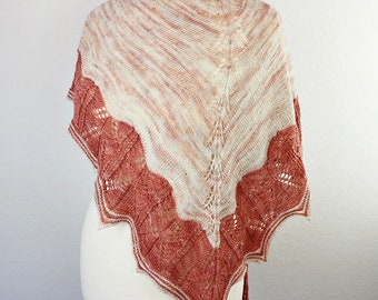 Hand-knitted triangular scarf in old pink and cream with hole pattern