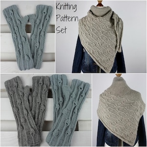 May include: A set of knitted fingerless gloves and a shawl in various shades of gray. The gloves have a textured cable knit design. The shawl is draped on a mannequin and features a similar cable knit pattern. The text "Knitting Pattern Set" is visible.