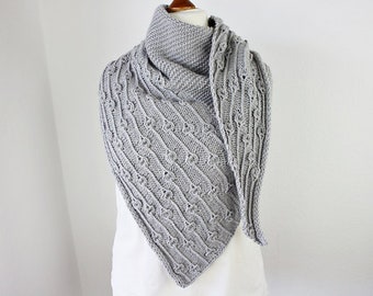 Hand-knitted asymmetrical scarf with great structural pattern in blue-grey