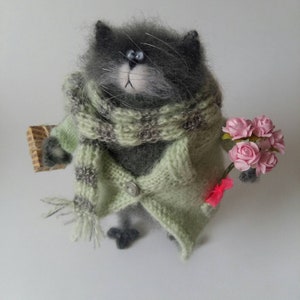Courteous fiance Romantic Mr Cat, Cute knit cat plush art doll, Fluffy soft toy, posable home decoration, boho cat lover gift