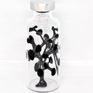 Puede incluir: Una botella de vidrio transparente con tapa plateada contiene una escultura negra abstracta con forma de árbol.