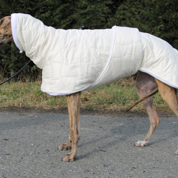 Greyhound coat, greyhound clothing, greyhound winter coat, vanile -white coat