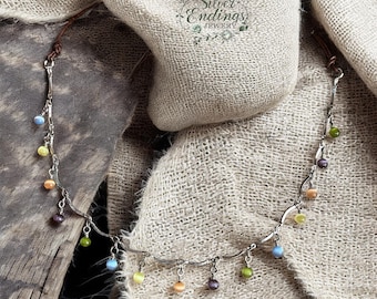 Repurposed Bracelet Vintage Silver Necklace Cats Eye Beads Upcycled Leather Choker