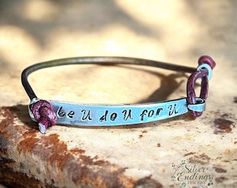 Stamped Bracelet, Leather Bracelet, Gifts Under 25, Recycled Fork Tine Unique Bracelet, Womens Silver Bracelet, Boho Bracelet