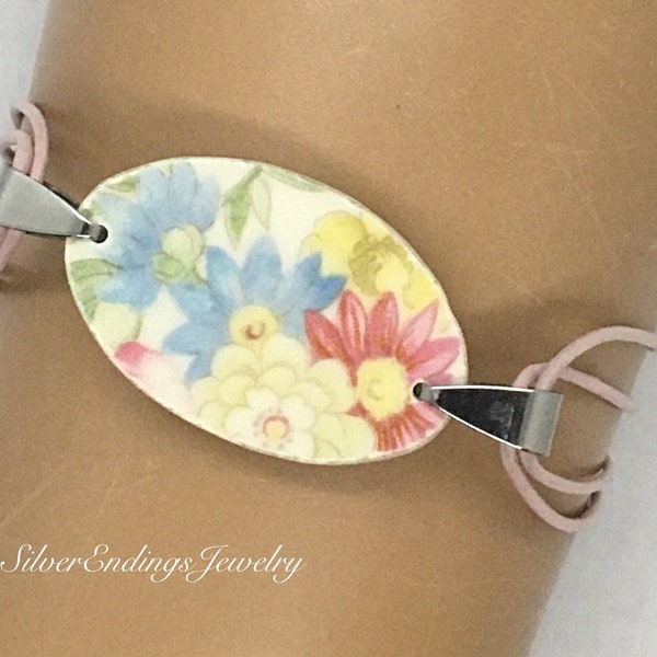 Flower China Pattern, Unique Leather Bracelet, Broken China, Womens Leather Bracelet, 20th Anniversary Gift