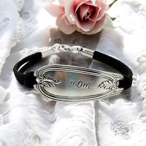 Vintage Silverware Bracelet Stamped Mom Unique Mothers Day Gift Repurposed Antique Flatware Jewelry Womens Casual Black  Sueded Bracelet