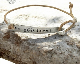 Stamped Bracelet, Leather Bracelet, Gifts Under 25, Recycled Fork Tine Unique Bracelet, Womens Silver Bracelet, Boho Bracelet