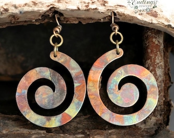Fire Painted Copper Spiral Hoop Earrings, Handmade Copper Jewelry, Large Colorful Copper Earrings
