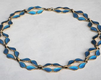 Willy Karlberg Norwegen Vintage norwegisches Sterlingsilber 925 S vergoldetes Vermeil blaues Emaille Doppelblatt-Halsband 38,5 cm