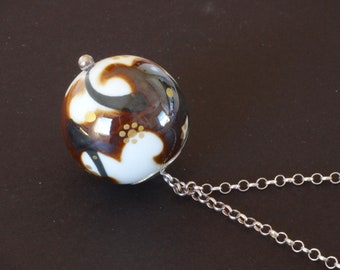 Anne-Marie Ødegaard Porsgrunds Porselænsfabrik Norway. Vintage Sterling Silver Porcelain Necklace Pendant Golden and Brown Decorations 1970s