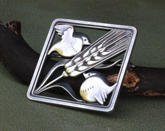 Arno Malinowski for Georg Jensen , Denmark. Vintage Scandinavian Danish Bird & Wheat Square Brooch # 250