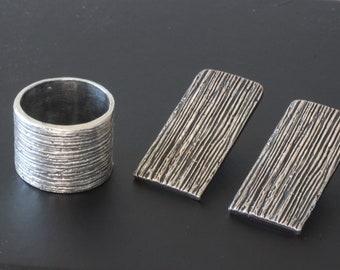Møllers gullsmedforetning Trondheim Norway Vintage Modern Brutalist Artisan Unisex Heavy Sterling Silver 925 S Jewelry Set Ring and Earrings