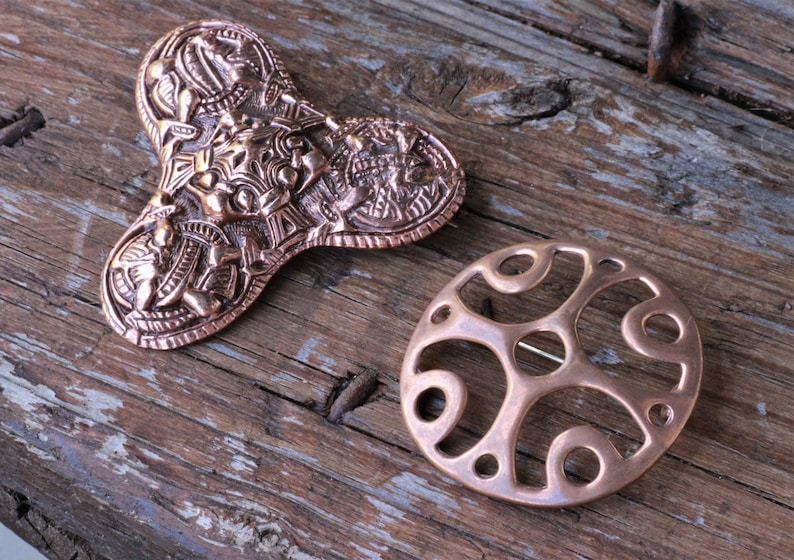 Vintage Scandinavian Norwegian Bronze Brooches Pins Juhls Silver gallery Sun wheel Solhjul Viking Style Trefoil Gripping beast