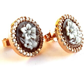 Floral Shell Cameo Earrings: 925 Gold Plated Sterling Silver