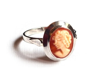 Shell Cameo Ring: Sterling Silver, Hand Carved Roman Profile