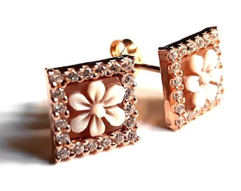 Shell cameo earrings square daisies zircons italian cameo jewelry donadio cameo shell boucles d'oreilles camée camafeo カメオイヤリング Камея серьги