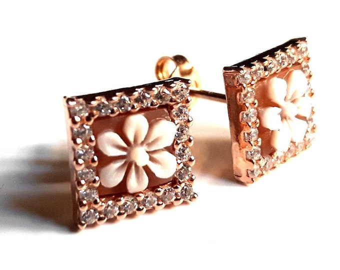 Shell cameo earrings square daisies zircons italian cameo jewelry donadio cameo shell boucles d'oreilles camée camafeo カメオイヤリング Камея серьги