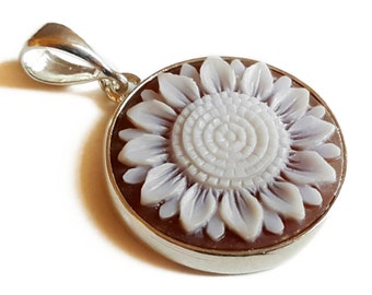 Sunflower Sardonyx Shell Cameo Pendant: Sterling Silver Italian Jewelry