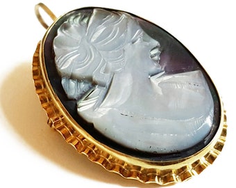 Mother of Pearl Cameo Brooch Pendant: Sterling Silver Victorian Profile