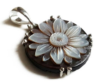 Mother of Pearl Cameo Pendant: Sterling Silver Lotus Flower, Italian Jewelry