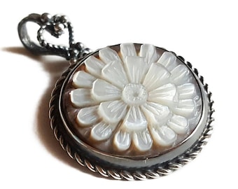 Mother of Pearl Flower Cameo Pendant: Sterling Silver Italian Jewelry
