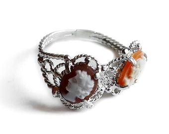 Hand Carved Shell Cameo Ring: Sterling Silver Filigree, Two Profile Design