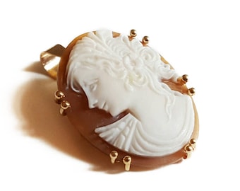 Gold Sardonyx Shell Cameo Brooch Pendant: Ceres Profile, Italian Jewelry