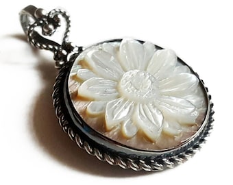 Mother of Pearl Sunflower Cameo Pendant: Sterling Silver Italian Jewelry