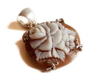 Hand Carved Floral Cameo Pendant: Sterling Silver Sardonico Shell