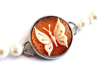 Silver Shell cameo bracelet Butterfly pearls italian cameo jewelry donadio cameo shell bracelets camée pulsera camafeo