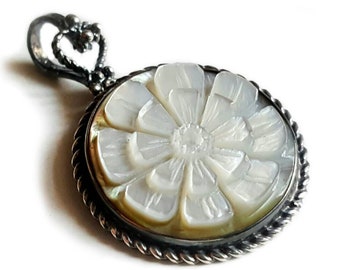 Floral Mother of Pearl Cameo Pendant: Sterling Silver Italian Jewelry