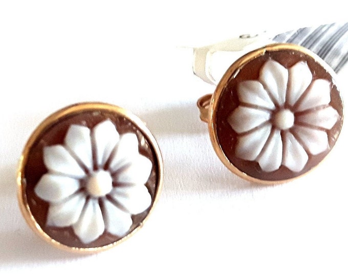 Gold shell cameo earrings flowers italian cameos jewelry donadio cameo shell boucles oreilles camée pendientes camafeo カメオイヤリング Камея серьги