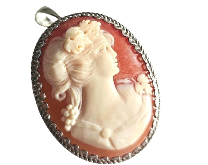 Carnelian Shell Cameo Brooch Pendant: Sterling Silver Bacchante Profile