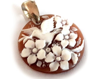 Floral Bird Cameo Pendant: Hand Carved Sardonyx Shell, Sterling Silver