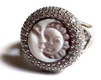 Moon Sun Shell Cameo Ring: Sterling Silver Sardonyx, Zircon Frame