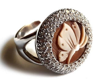 Butterfly Shell Cameo Ring: Sterling Silver Zircon Frame
