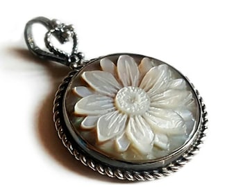 Mother of Pearl Flower Cameo Pendant: Sterling Silver Italian Jewelry