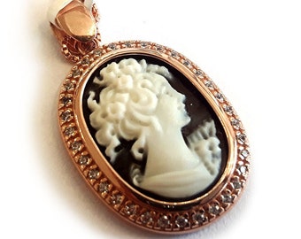 Shell Cameo Pendant: Lady Profile, Zircon Frame, Gold Plated Silver