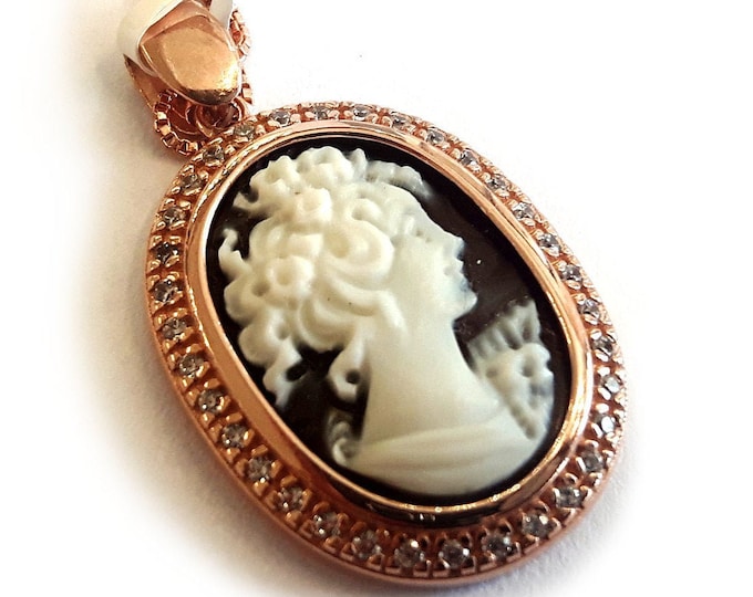 Shell cameo pendant lady profile zircons italian cameos jewelry donadio cameo shell pendentif camée colgante camafeo カメオペンダント Камея подвеска