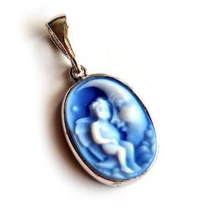 Light Blue Cameo Pendant Angel on Moon Italian Cameo Jewelry