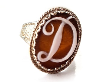 Shell Cameo Ring: Initial Letter, Sterling Silver, Sardonyx