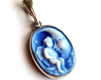 Angel on Moon Cameo Pendant: Light Blue Agate, Sterling Silver