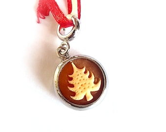 Christmas Tree Cameo Charm: Hand Carved Carnelian Shell, Sterling Silver