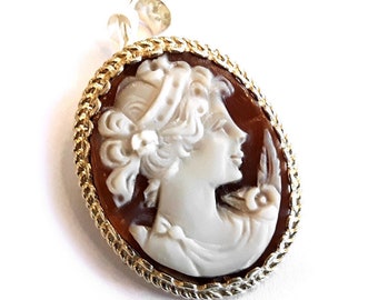 Sterling Silver Shell Cameo Brooch Pendant: Hand Carved Goddess