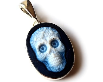 Skull cameo pendant blue agate stone in 925 sterling silver