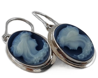 Stone cameo earrings Girl w/ flowers italian cameo jewelry donadio agate cameo Boucles d'oreilles camée