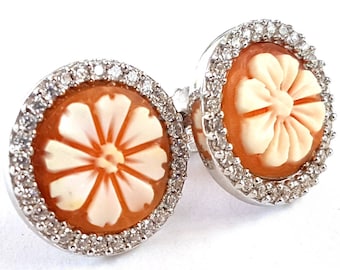 Handmade Floral Cameo Earrings: Sterling Silver Shell Jewelry