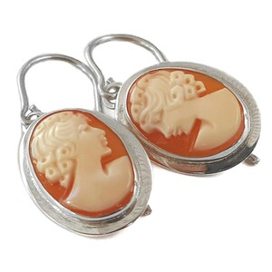 May include: A pair of oval cameo earrings. Each earring features a profile of a woman carved in cream-colored relief against an orange background, set in a silver-toned frame. The earrings have a lever-back closure.